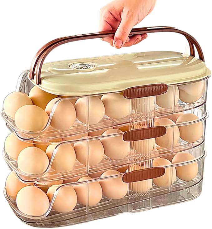 3-Tier Egg Dispenser for Refrigerator, Rolling Egg Organizer with Time Tracker, Stackable BPA-Free Egg Container Holds 42 Eggs, Fresh Egg Holder for Countertop Storage