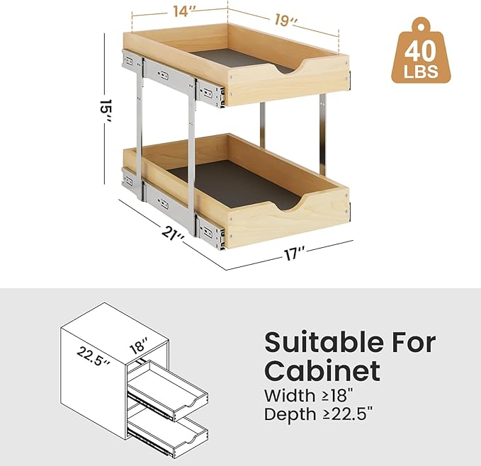 YORKING 2 Tier Pull Out Cabinet Organizer,17" W x 21" D Wooden Cabinet Pull Out Shelves,Heavy-Duty Slide out Wood Drawer Shelf,Pull Out Drawer for Cabinets,Pantry, Bathroom,Kitchen