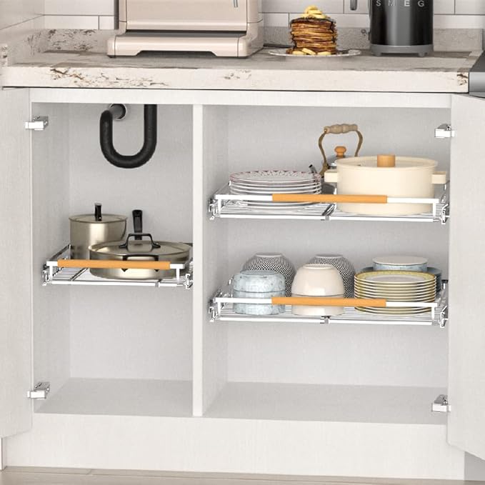 MIYUPTC Large Pull Out Cabinet Organizer, Heavy Duty Cabinet Expandable Pull Out Shelves, Slide Out Cabinet Organization Storage, 3 Pack 23.2''-40''W