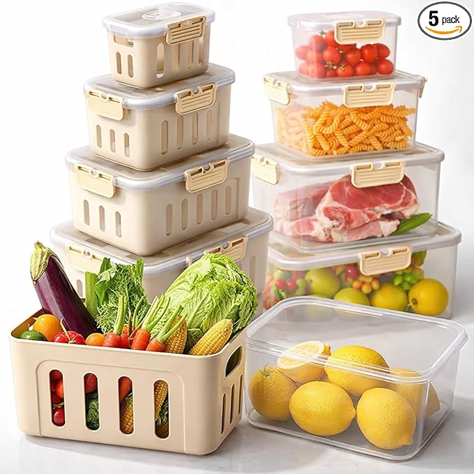 Fruit Containers for Fridge Keep Fresh, 5-Pack Produce Containers for Fridge with Lids, Meal Prep Containers, Food Organizer with Removable Colander, Microwave & Dishwasher Safe (Cream)