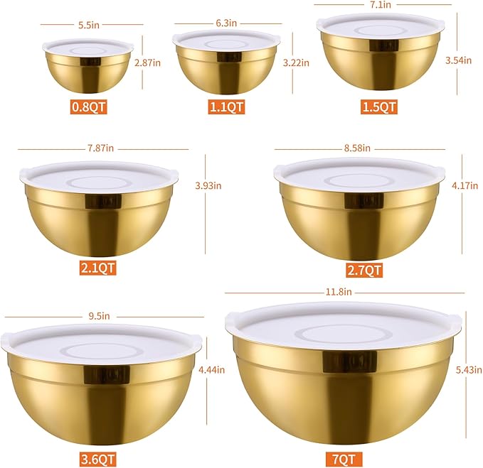 LKTDYMEG Gold Mixing Bowls with Lids Set of 7, Stainless Steel Nesting Bowl with Khaki Lid for Non-slip Mixing Prepping Storing Serving, 7 Sizes-7/3.6/2.7/2.1/1.5/1/0.8 QT