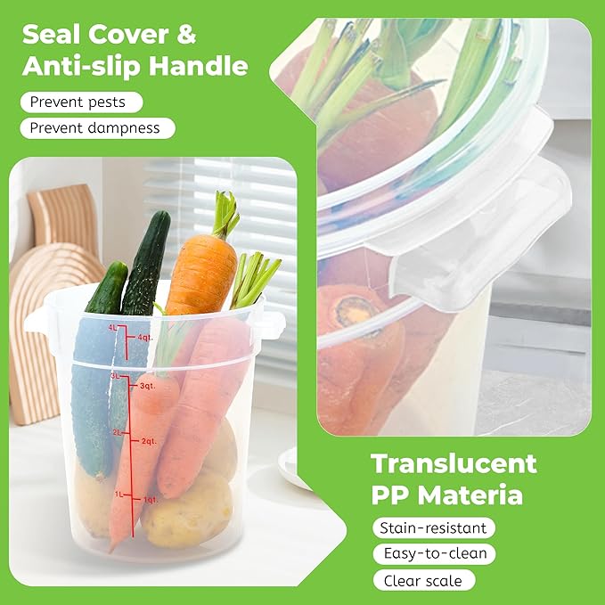BIEAMA 4 Pack Round Food Storage Containers with Lids, 4Qt Translucent Commercial Food Container, Polypropylene, BPA Free, Includes Labels & Measuring Cups