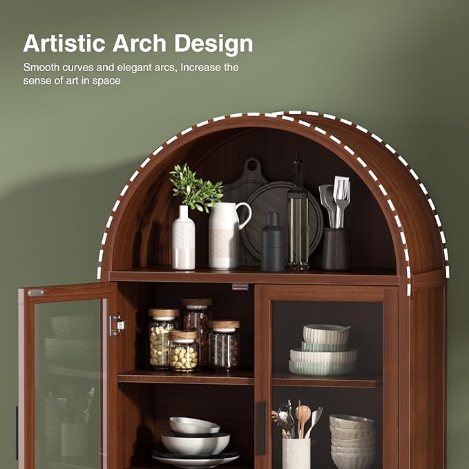 FiveWillowise Kitchen Pantry Cabinet with Glass Doors - Arched Design, Solid Wood Legs, Artistic Fluted Door, Adjustable Shelves, 70.8" Curved Storage Cabinet for Kitchen, Dining Room