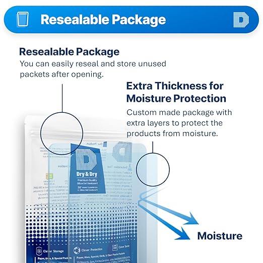 Dry & Dry 20 Gram [10 Packets] Silica Gel Packets Desiccants, Silica Packets - Rechargeable Silica Gel Packs, Silica Gel Packets, Desiccants Packets, Silica Gel