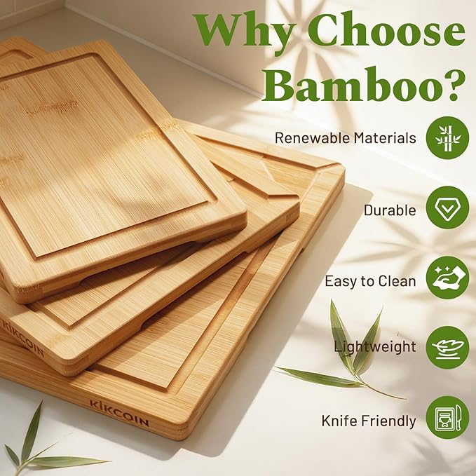 Kikcoin Bamboo Cutting Boards for Kitchen, 3 Piece Wood Cutting Board Set with Stand and Non-slip Feet, Knife Friendly Chopping Board with Juice Grooves, Serving Tray with Built-in Handles