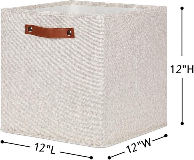 HNZIGE 12 Inches Storage Bins for Organizing,4PCS Fabric Bins Closet Cubes Storage Baskets for Shelves with Leather Handles(Gream)