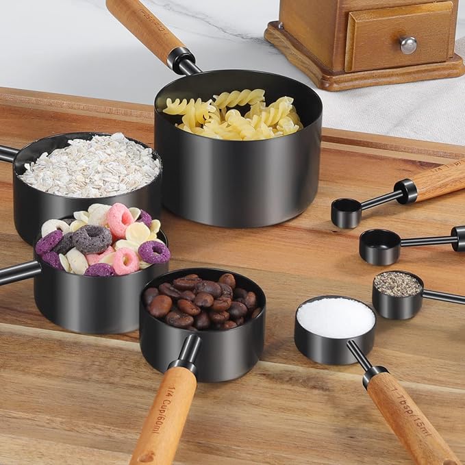 GuDoQi 8pcs Measuring Cups and Spoons Set Wood Handle Golden Stainless Steel Measuring Cups and Spoons，Measurements, US Measurements Dry & Liquid Kitchen Measure Set for Cooking and Baking, Black