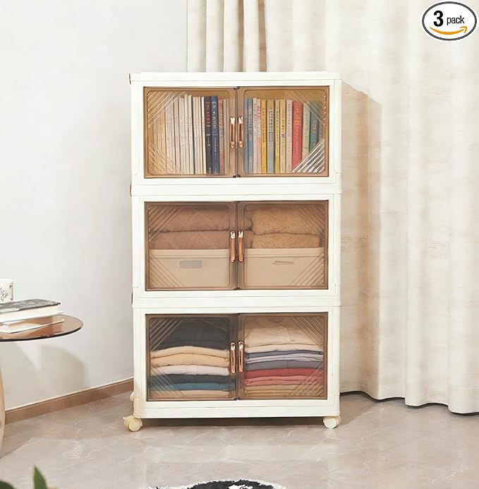 3-Tier Storage Bins with Lids, 97QT Stackable Bins with Wheels, Closet Organizer Storage, Plastic Large Collapsible Storage Containers for Home, Bedroom, Office Organization (3-Tier 97QT)