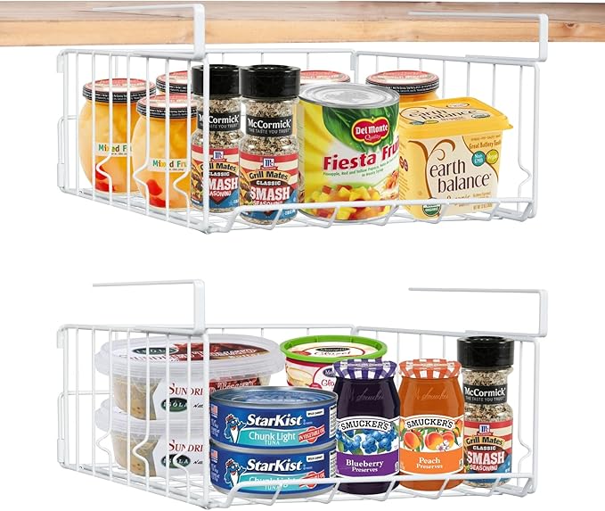 Under Shelf Basket Storage 2Pack, Steel Under Shelf Hanging Wire Baskets Shelves for Laundry Room Kitchen Desk Pantry Bookshelf, White