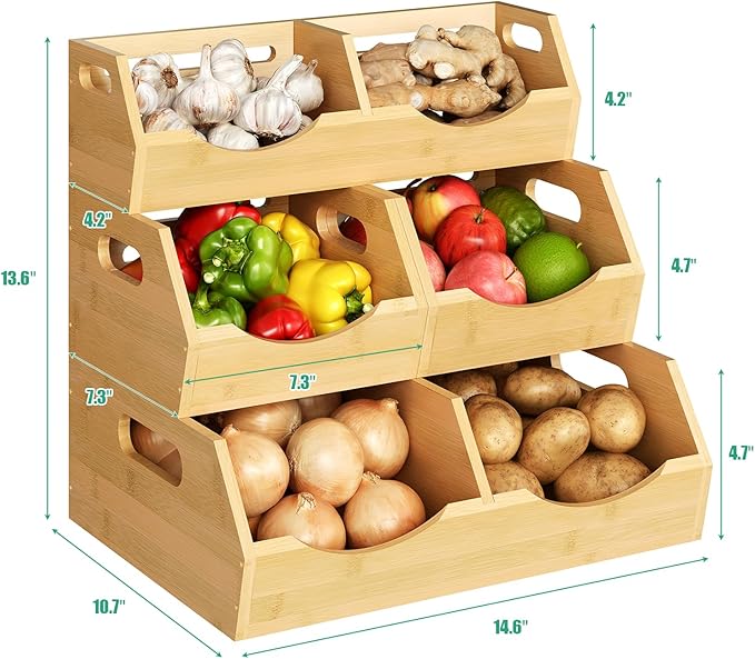 Potato Onion Storage Bins Natural Brown, 3 Tier Bamboo Pantry Storage Bin Stackable Ventilated Kitchen Organizer for Pantry, Countertop, Bathroom, Space-Saving, Easy Access Handle