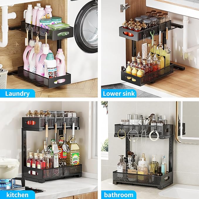 Under Sink Organizer, 2-Tier Pull Out Cabinet Organizer with Adjustable Height, Use in Kitchen Bathroom Cabinet and Countertop Storage, Black, 2-Pack