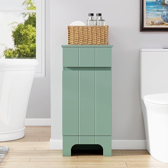 VANIRROR Small Bathroom Cabinet with Adjustable Shelves, Drawer, Anti-Tip Design, 14.96" L x 11.81" W x 32.09" H, Durable MDF for Bathroom, Kitchen, Laundry Storage, Soft-Close Door