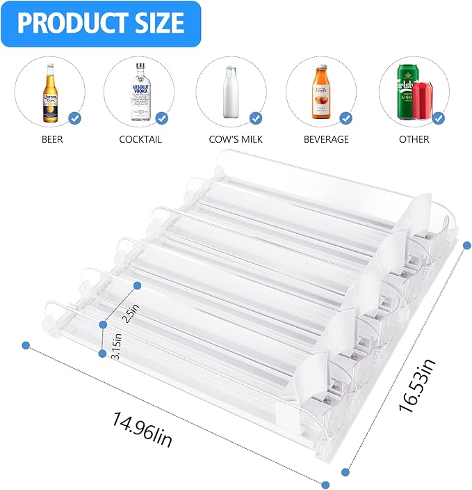 SOLY Drink Organizer for Fridge, Automatic Soda Can Dispenser with Pusher, 5-Row Refrigerator Drink Organizer Holds 25–30 Cans, 14.96" Deep