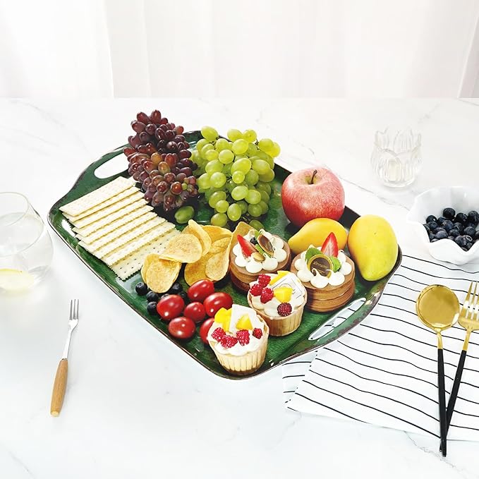 TP Large Serving Trays with Handles, 19" x 12" Melamine Serving Platters for Food, Turkey, Set of 2 Rectangular Trays for Party, Retro Green