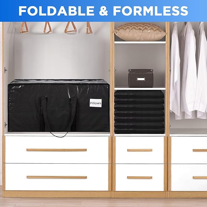 Extra Large Storage Bags Moving Bags Heavy Duty with Zipper Handles, BETU 6 Pack Clothes Storage Totes Bins Packing Moving Boxes, Moving Supplies for College Dorm Essentials, Space Saving, Black