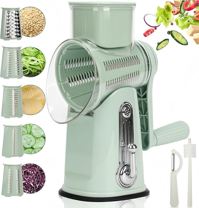 CHDEXU Rotary Cheese Grater with Handle, Manual Vegetable Slicer Grater with 5 Detachable Stainless Steel Blades, Round Grater Slicer Hand Crank Food Chopper for Kitchen with Blade Storage Box