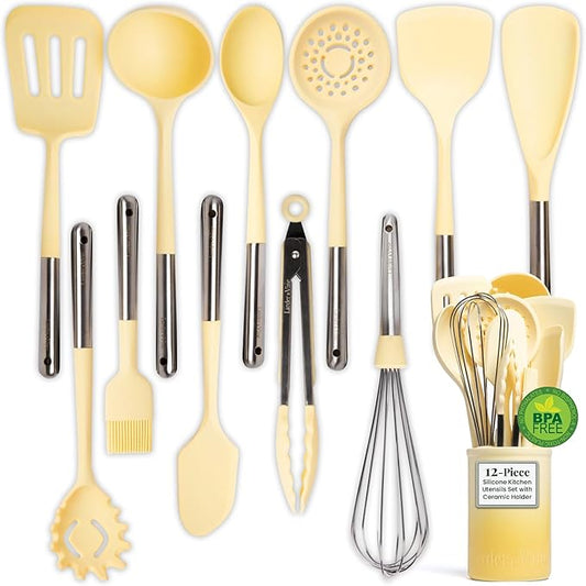 Larder & Vine 12-Piece Silicone Kitchen Cooking Utensils Set with Stainless Steel Handle and Ceramic Holder, Dishwasher Safe Set of Kitchen Essentials (Limoncello)