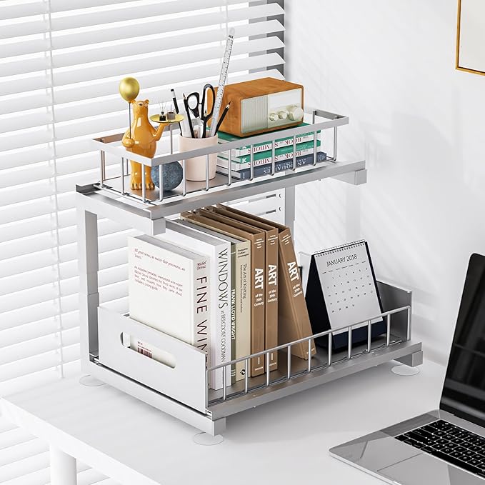 Toyear Under Sink Organizer, Heavy Duty Metal Pull Out Cabinet Organizer Slide Out Sink Shelf Organizer Height Adjustable, Multi-Purpose Storage Shelf for Kitchen Bathroom(Sliver,2Pack)