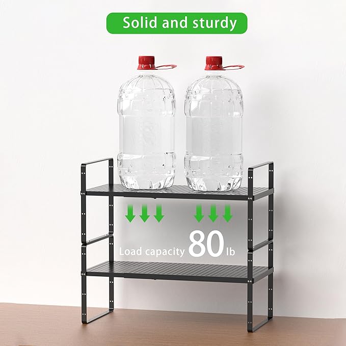 SOFRON Expandable Cabinet Storage Shelf Stackable Organizer Rack for Kitchen Bathroom Pantry Spice Cupboard Coffee Countertop Home Office Desk Heavy Duty Nonslip Black Large 1 PACK