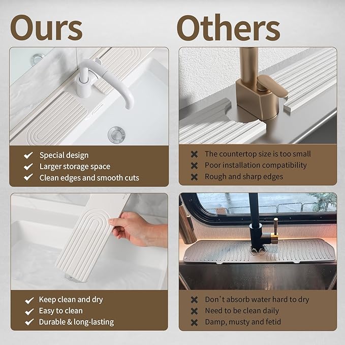 Faucet Mat for Kitchen Sink, Diatomite Stone Drying Sink Protectors, Bathroom Faucet Splash Guard, Quick Dry Water Absorbing, Non-Slip Tray for Kitchen Counter, White, 11.8" x 3.9" x 2pcs