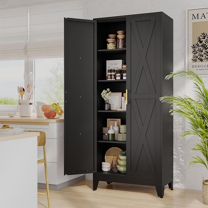 71" Tall Kitchen Pantry Cabinet, Metal Storage Cabinet with 2 Doors and 4 Adjustable Shelves, Black Food Pantry Cupboard for Kitchen, Dining Room, Living Room and Bathroom (Black)
