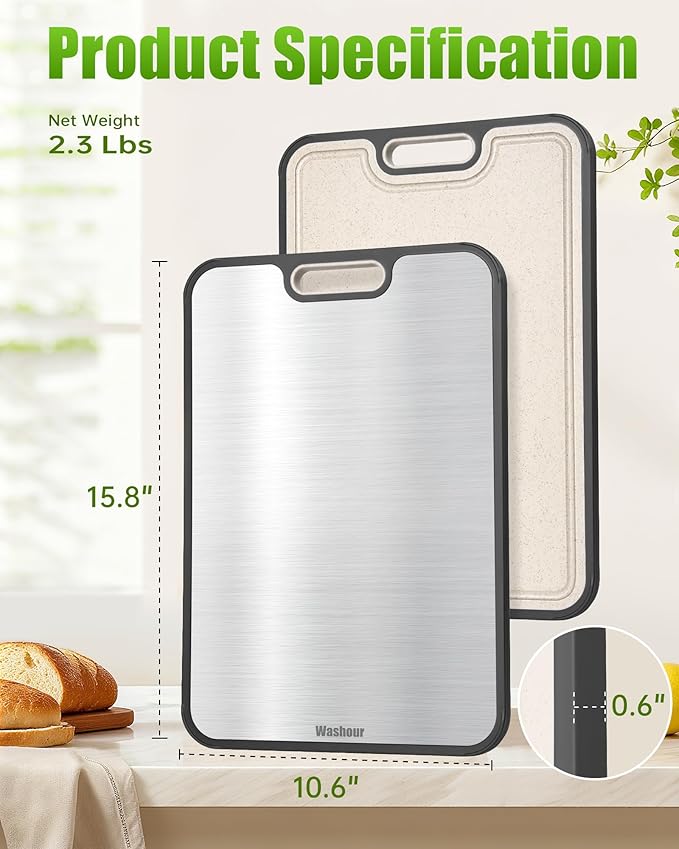 Washour Titanium Cutting Boards for Kitchen, Non Toxic 2-in-1 Cutting Board, Chopping Boards for Meat Vegetable, Easy to Clean Large Size 16”×11”