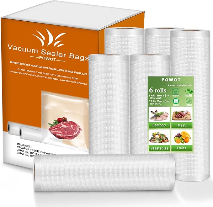 Precision Multi-layer Vacuum Sealer Bags Rolls, 8" x 16.4'(3 Rolls) and 11" x 16.4' (3 Rolls), BPA-Free Commercial Grade, Food Preservation, Food Vacuum Sealer Bags for Sous Vide and Freezer Storage