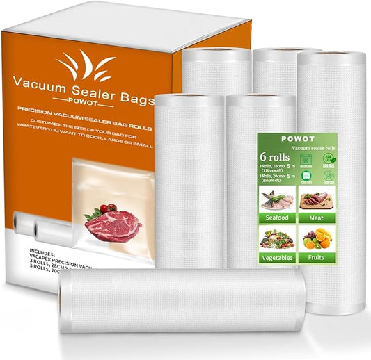 Precision Multi-layer Vacuum Sealer Bags Rolls, 8" x 16.4'(3 Rolls) and 11" x 16.4' (3 Rolls), BPA-Free Commercial Grade, Food Preservation, Food Vacuum Sealer Bags for Sous Vide and Freezer Storage