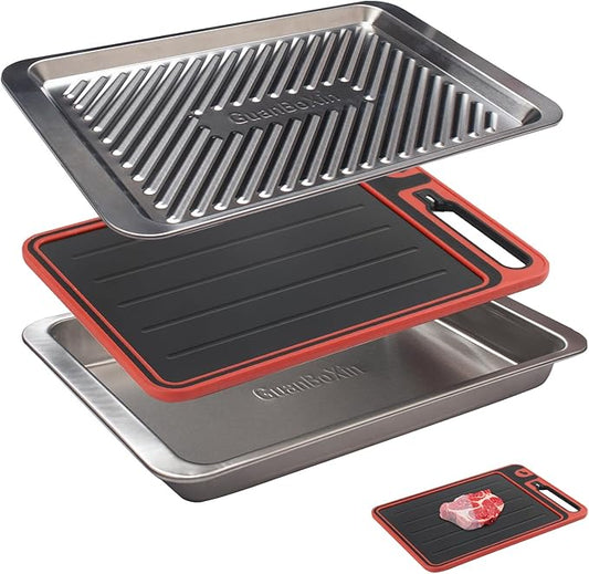 Grilling Prep and Serve Trays, Stainless Steel Large Capacity Food Prep Tray, Grill Carry System, Marinade Container and Cutting Board, BBQ Grill Accessories, Grilling Gifts for Men