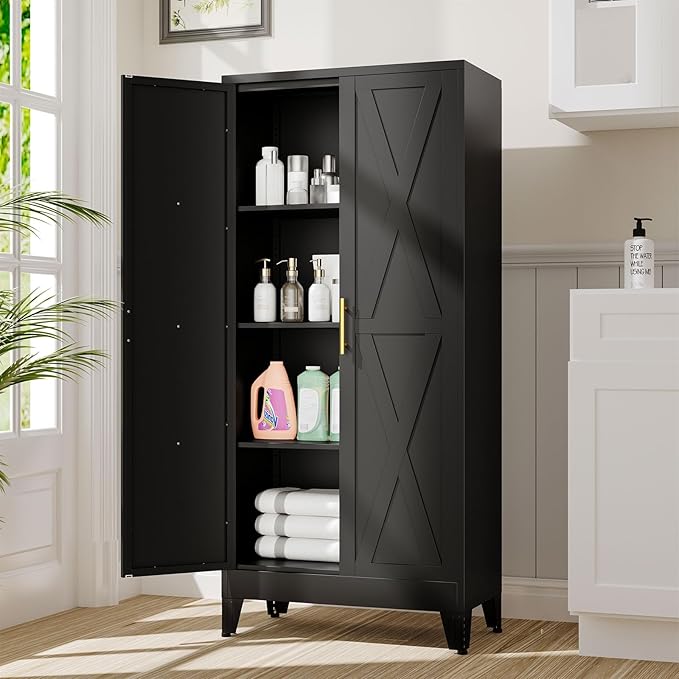 61" Kitchen Pantry Cabinet, Metal Storage Cabinet with 2 Doors and 3 Adjustable Shelves, Black Food Pantry Cupboard for Kitchen, Dining Room, Living Room and Bathroom (Black)