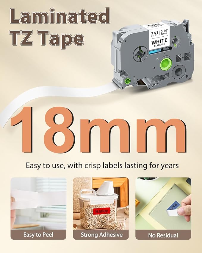 18mm 0.7 Laminated TZ Tape TZe-241 Compatible with Brother Label Maker Tape 3/4" for P Touch D410 D460BT 2040 1880 1890 P700 P710BT, TZ-241 141 441 541 641 741, Clear/White/Red/Blue/Yellow/Green