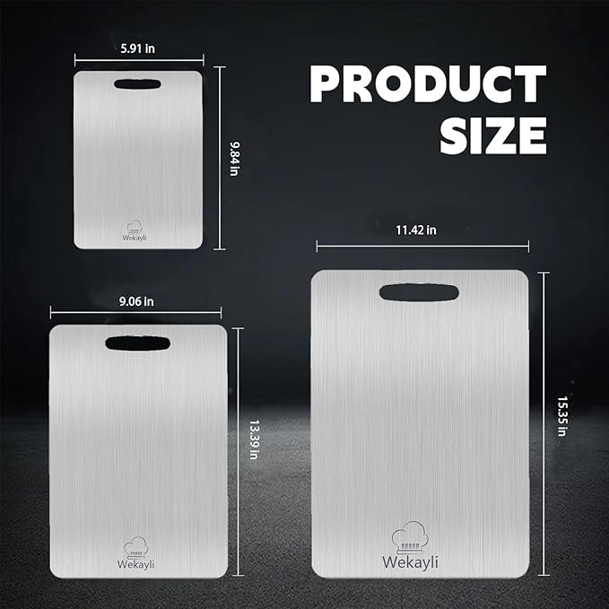 Wekayli Stainless Steel Cutting Board, 3 PCS Cutting Boards for Kitchen, 304 Stainless Non Stick Chopping Cutting Board for Meat Fruit & Vegetable (15" x 11", 13"x 9", 10" x 6")