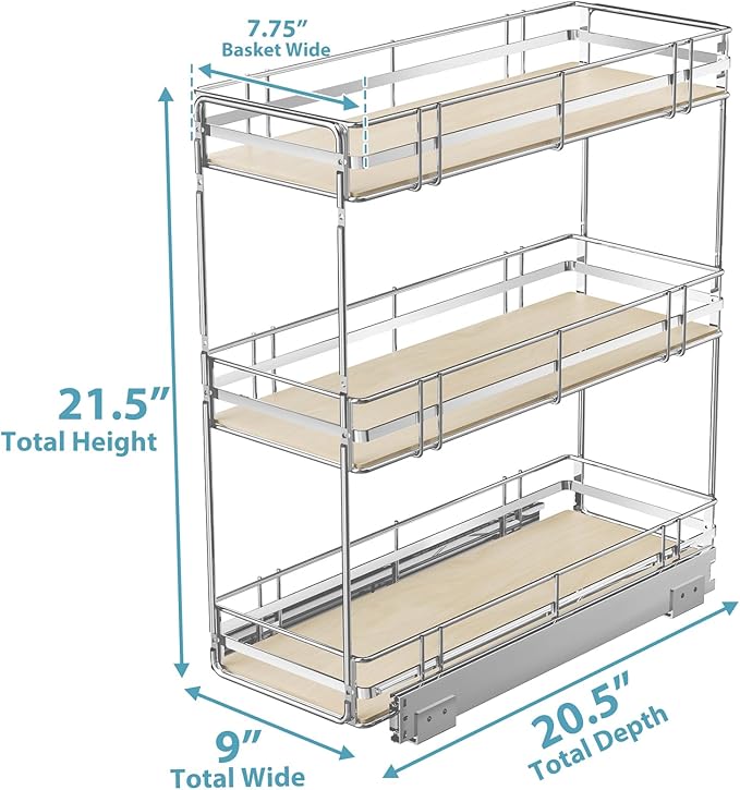 MODCART Pull Out Spice Rack Cabinet Organizer 9" W x 20½" D, 3 Tier Heavy Duty Slide Out Wood Shelf for Narrow Cabinet, Pull Out Storage for Kitchen