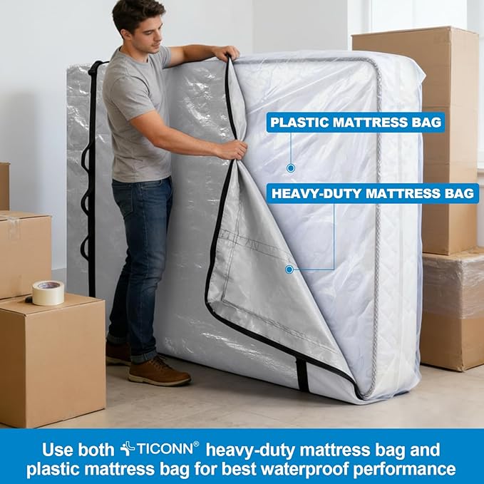 TICONN Mattress Bags for Moving, Heavy Duty Full XL Mattress Cover Storage Bag with Full-Around Handle and Adjustable Buckles (Gray, Full XL)