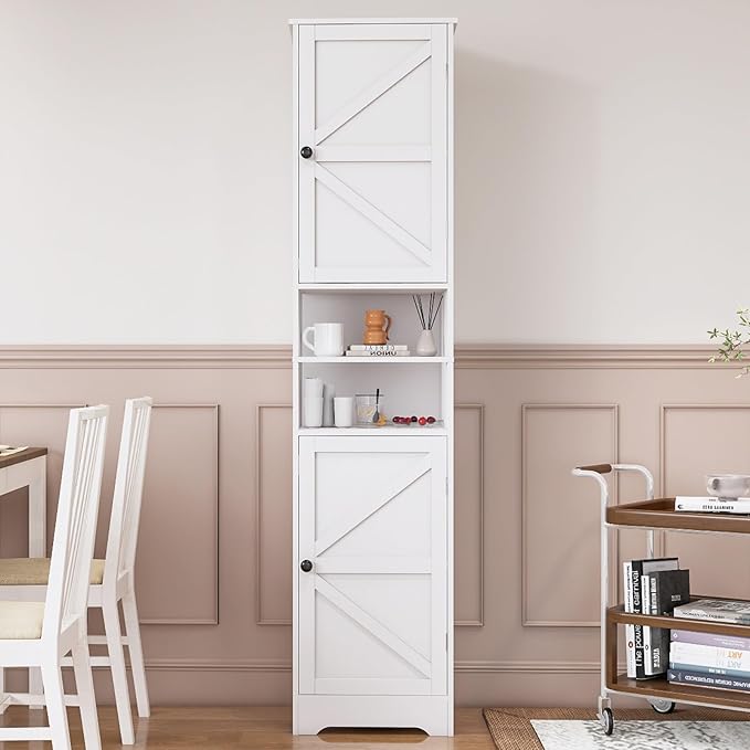 Viaozutis Tall Bathroom Storage Cabinet, Vertical Freestanding Organizer with Adjustable Shelf, Slim Design for Small Bathrooms, Towels & Toiletries Storage（White）