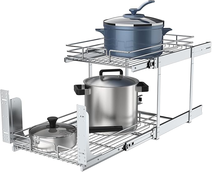 2 Tier Pull Out Cabinet Organizer, 14" W x 21" D Heavy-Duty Metal Sliding Drawer Shelf for Kitchen Cabinets, Chrome, Doesn't Include Door Fittings