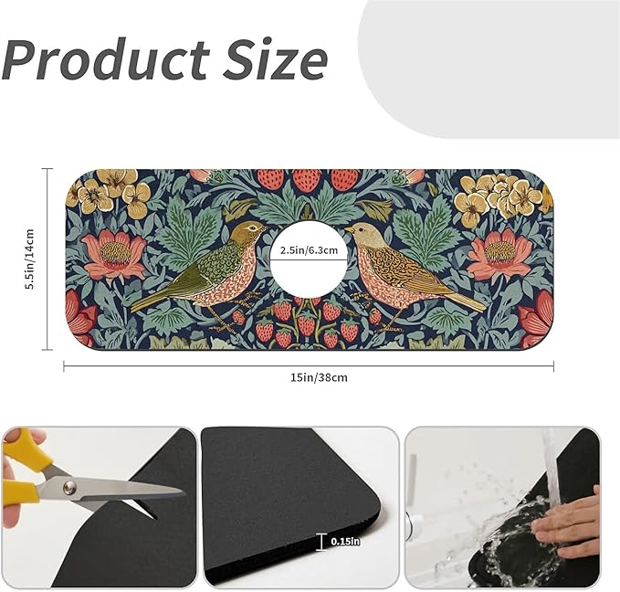 Kitchen Sink Splash Guard，Birds and strawberries Faucet Mat Sink Gadgets-Super Absorbent Fast Drying Mat Drip Catcher for Kitchen, Bathroom,Sink Mat, Dish Drying Mat, Bathroom(15" X 5.5" )