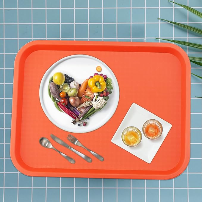 MAHIONG 4 Pack 16 x 12 Inch Orange Fast Food Tray, Large Rectangular Restaurant Serving Trays, Plastic Cafeteria Trays School Lunch Trays