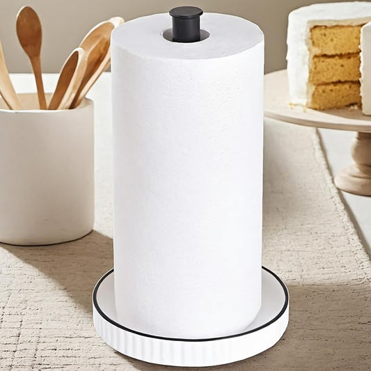 VROOMIUM Black Paper Towel Holder Countertop, Ceramic Base Easy-to-Clean, 1.5 lbs, 7" B x 12.5" H, Stable Elegant and Durable Kitchen Roll Stand