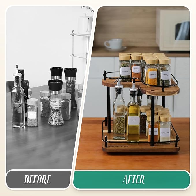 SAOCAIHUL Acacia Wooden Spice Rack Organizer Lazy Susans Rotating Countertop 2 Tiered Display Shelf Kitchen Adjustable Height Spinning Spice Rack 11.8INCH Large Capacity