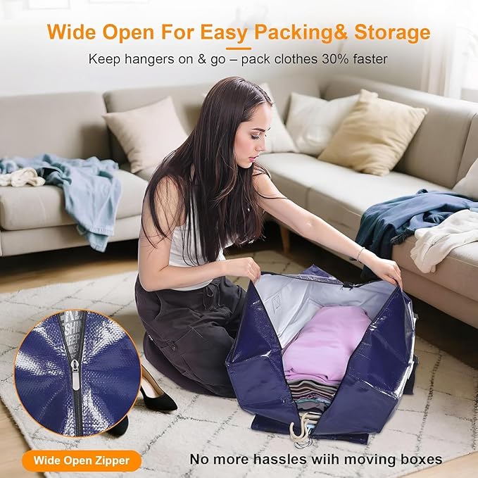CHVEGLUZ 12 Packs Moving Bags Heavy Duty Extra Large,Storage Bags with Zipper&Handles, Sturdy&Durable Clothes Storage Bags Totes for College Dorm Essentials, Moving Boxes for College Supplies, Blue