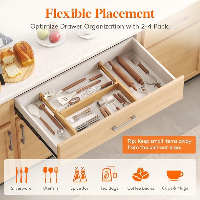 Lifewit 4 Pack Bamboo Drawer Dividers 2.4" High, 13-16.5" Kitchen Drawer Organizers, Adjustable Wooden Drawer Dividers for Clothes, Expandable Drawer Separators for Dresser, Bedroom, Bathroom, Cabinet