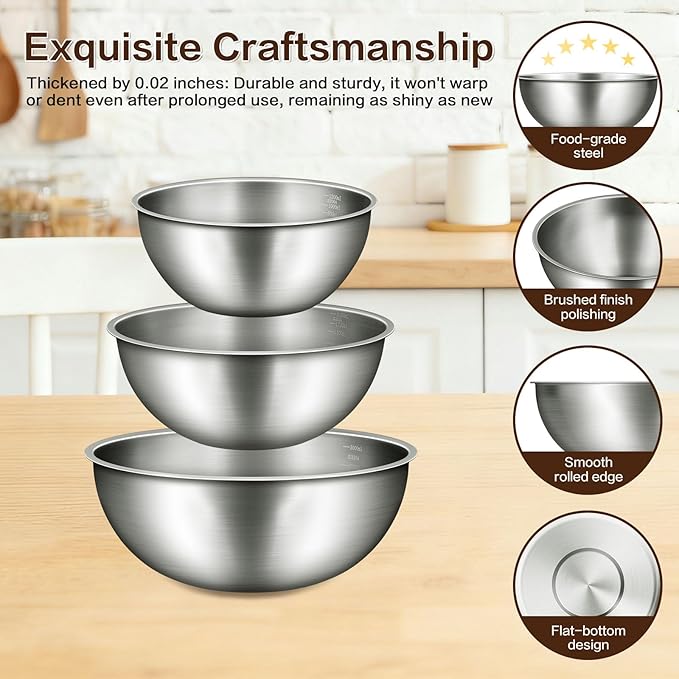 Gronivex 3-Piece Stainless Steel Mixing Bowls Set, 2.4, 3.2 & 4.9 Qt with Measurement Marks, Food Grade 304, Dishwasher Safe & Stackable for Baking, Tossing Salads, and Meal Prep for Your Kitchen