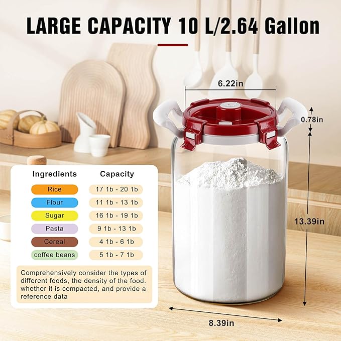 2.6 Gallon Glass Rice Storage Container with Airtight Lid & Handle - 20 lbs Large Glass Jar with Lid for Pantry, Kitchen - BPA Free, Wide Mouth, Clear Design for Flour, Pasta, Cereal Food Organization