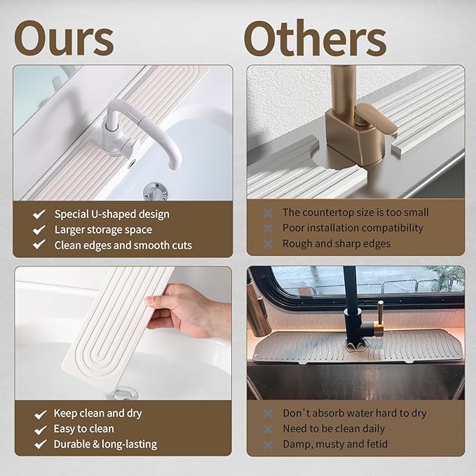 Faucet Mat for Kitchen Sink, Diatomite Stone Drying Sink Protectors, Bathroom Faucet Splash Guard, Quick Dry Water Absorbing, Non-Slip Stone Tray for Kitchen Counter, White, 15.7" x 3.9"