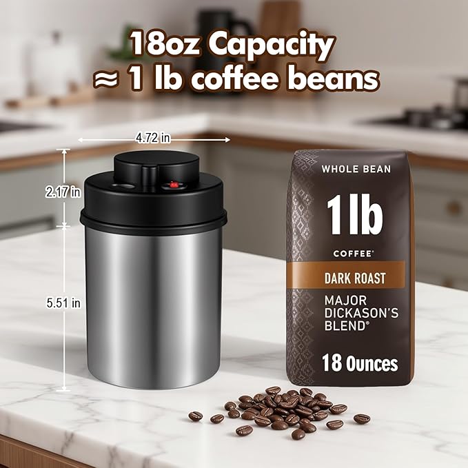 Vacuum Coffee Canister 18oz - Airtight Storage Container for Coffee Beans & Ground Coffee with Stainless Steel Scoop and Date Tracker, Blocks Moisture & Oxygen, Extends Freshness for Weeks