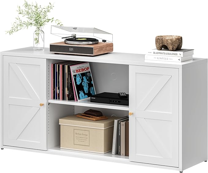 LCAOPC Metal TV Stand for 65 Inch TV, Farmhouse TV Entertainment Center with Storage Cabinets and Adjustable Shelves, Modern Media TV Console Table, TV Cabinet for Living Room, White