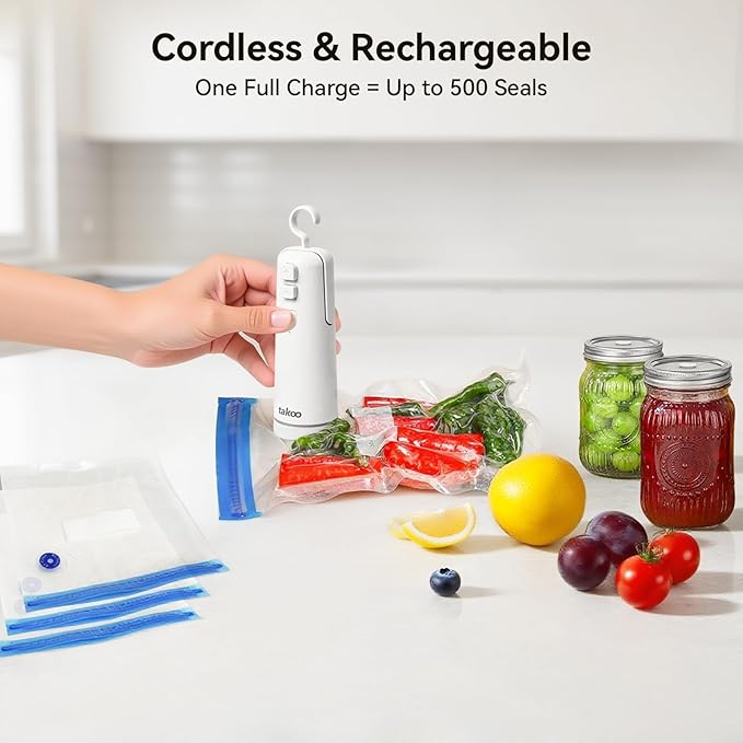 takoo 4-in-1 Portable Cordless Vacuum Sealer for Dry/Moist Food Storage with 4 Vacuum Bags, Heat Sealer for Chip Bags, Inflation Pump for Balls/Swim Ring