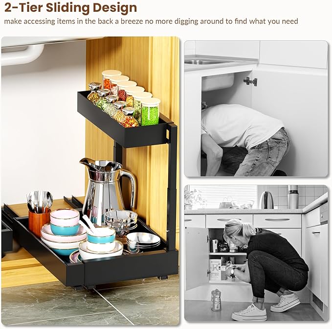 Expandable Under Sink Organizer 2 Pack, 2 Tier Pull Out Under Cabinet Organizer Adhesive, Pull Out Storage Shelf for Kitchen Bathroom Laundry, Heights Adjustable Black