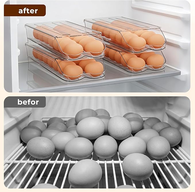 Egg Holder for Fridge,Automatic Rolling Egg Container for Refrigerator,Clear Stackable Egg Organizer with Removable Lid for Fridge Organizers and Storage,2 pack